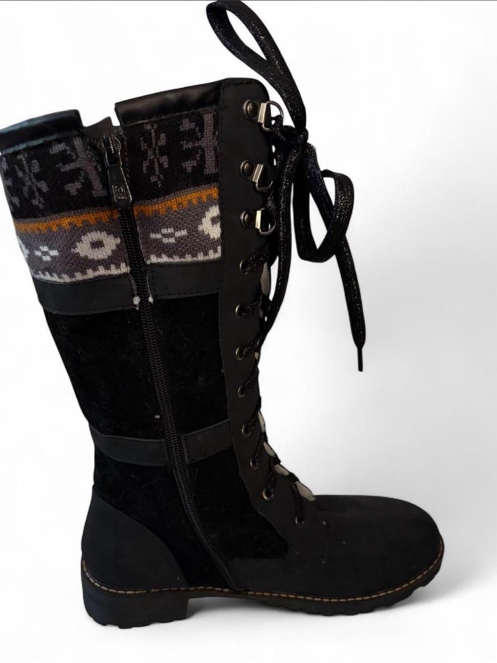 Black Lace-Up Knee Boot with Knit Cuff